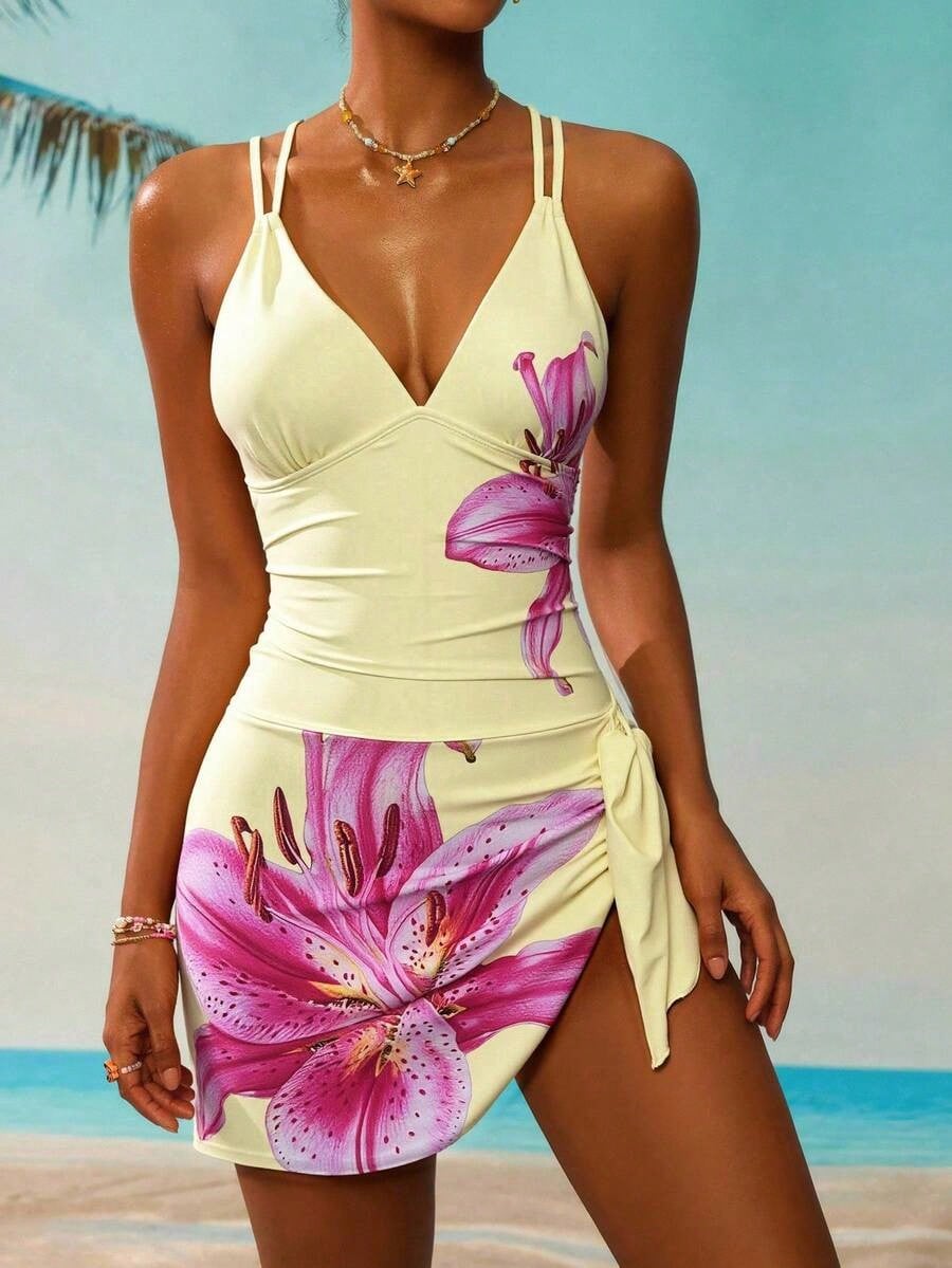 Women's Floral Print Fashionable Spaghetti Strap One-Piece Swimdress
