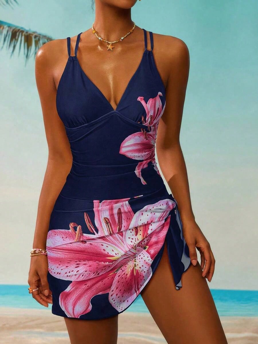 Women's Floral Print Fashionable Spaghetti Strap One-Piece Swimdress