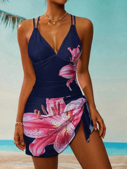 Women's Floral Print Fashionable Spaghetti Strap One-Piece Swimdress