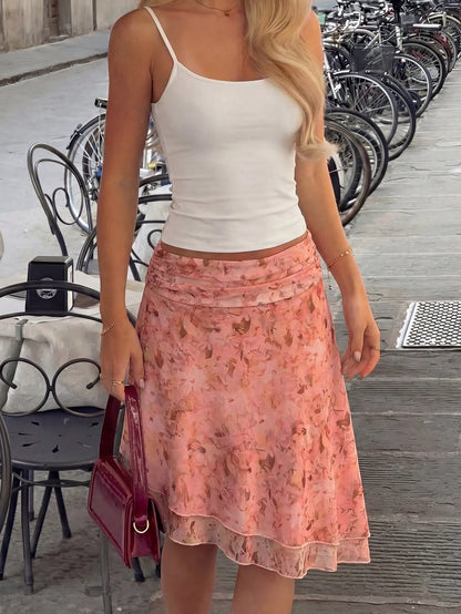 Women's Floral Print Ruched Waist Asymmetric Hem Midi Skirt, Vacation