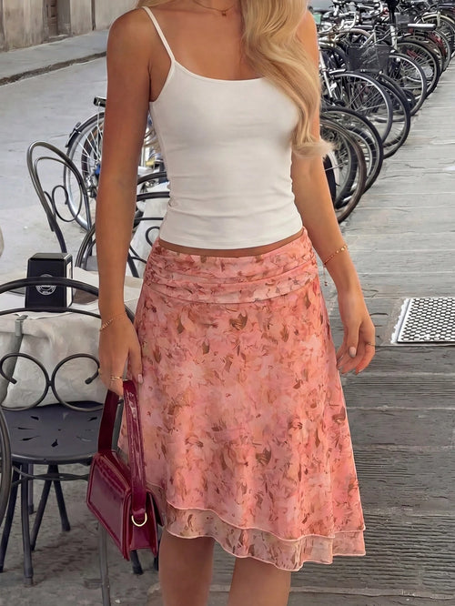 Women's Floral Print Ruched Waist Asymmetric Hem Midi Skirt, Vacation