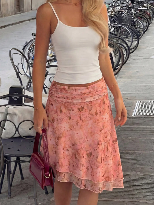 Women's Floral Print Ruched Waist Asymmetric Hem Midi Skirt, Vacation