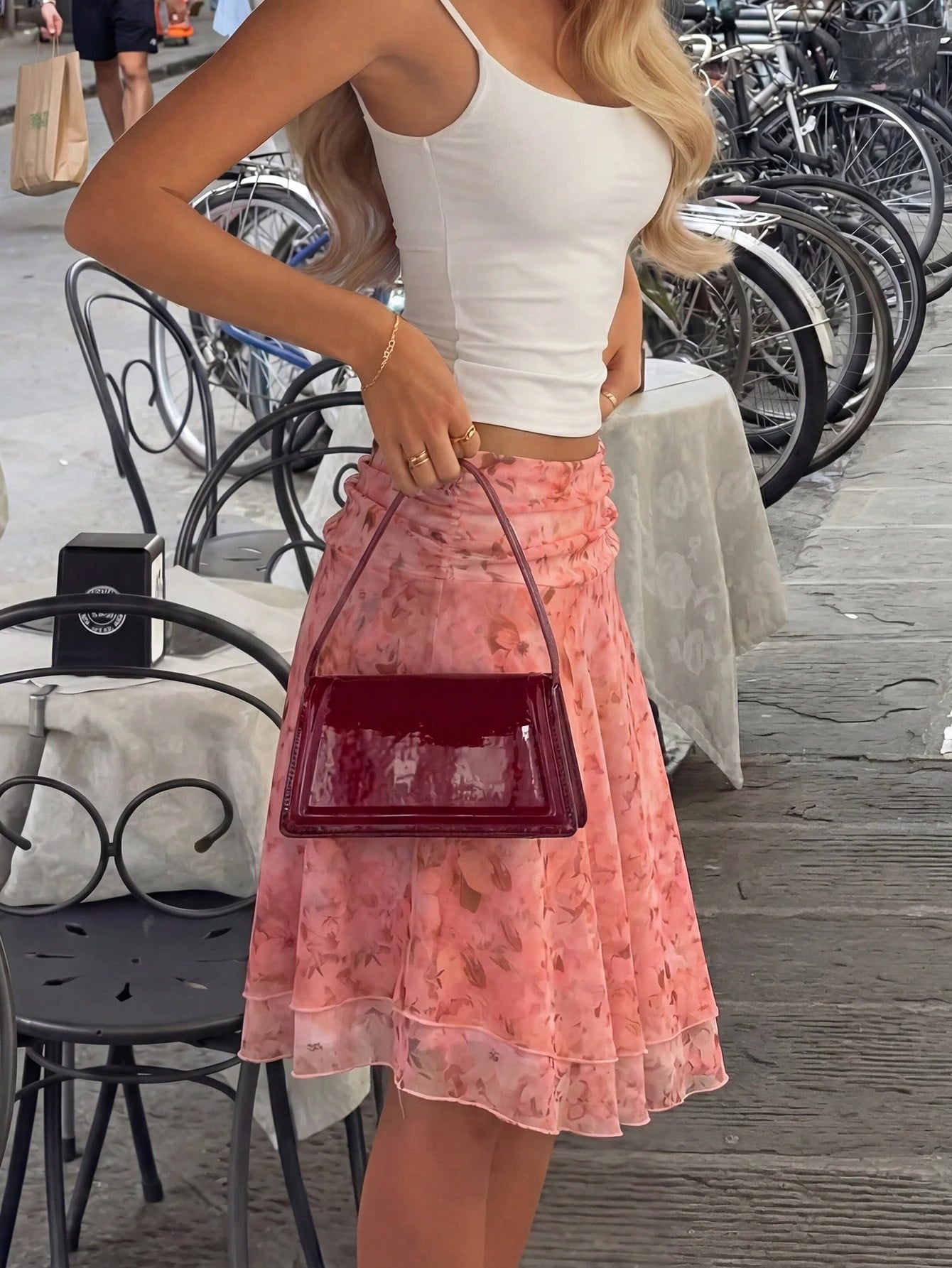 Women's Floral Print Ruched Waist Asymmetric Hem Midi Skirt, Vacation