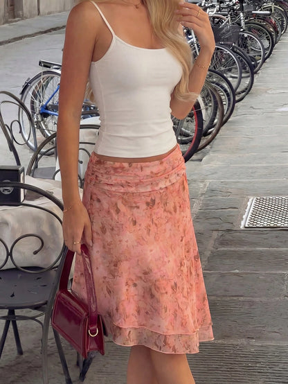 Women's Floral Print Ruched Waist Asymmetric Hem Midi Skirt, Vacation