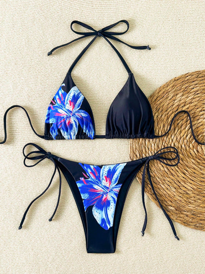 Women's Floral Print Tie-Front Bikini Set, Includes Triangle Top And Tie-Side Bottoms, Suitable For Parties, Gatherings, And Summer Vacation Outfits. Made Of Stretchy, Breathable Fabric, Elegant Swimw