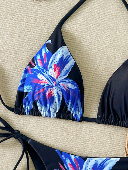 Women's Floral Print Tie-Front Bikini Set, Includes Triangle Top And Tie-Side Bottoms, Suitable For Parties, Gatherings, And Summer Vacation Outfits. Made Of Stretchy, Breathable Fabric, Elegant Swimw