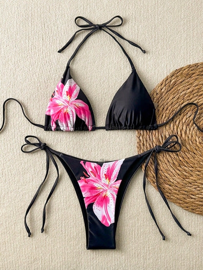 Women's Floral Print Tie-Front Bikini Set, Includes Triangle Top And Tie-Side Bottoms, Suitable For Parties, Gatherings, And Summer Vacation Outfits. Made Of Stretchy, Breathable Fabric, Elegant Swimw