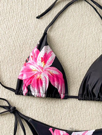 Women's Floral Print Tie-Front Bikini Set, Includes Triangle Top And Tie-Side Bottoms, Suitable For Parties, Gatherings, And Summer Vacation Outfits. Made Of Stretchy, Breathable Fabric, Elegant Swimw