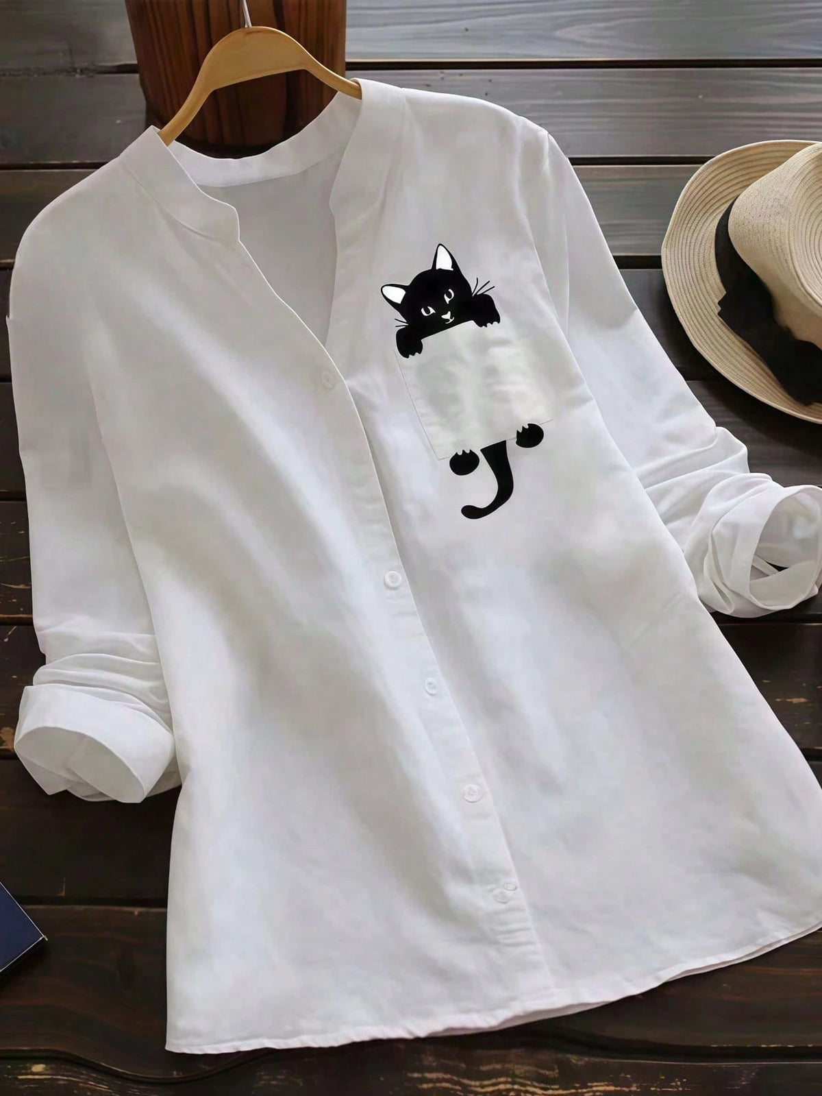 Women's Fun Cat Print V Neck Shirt, Button Front Long Sleeve Faux Pocket Top, For Office, Casual, Daily, Home, Outfits White