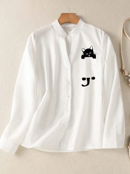 Women's Fun Cat Print V Neck Shirt, Button Front Long Sleeve Faux Pocket Top, For Office, Casual, Daily, Home, Outfits White