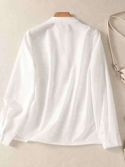 Women's Fun Cat Print V Neck Shirt, Button Front Long Sleeve Faux Pocket Top, For Office, Casual, Daily, Home, Outfits White