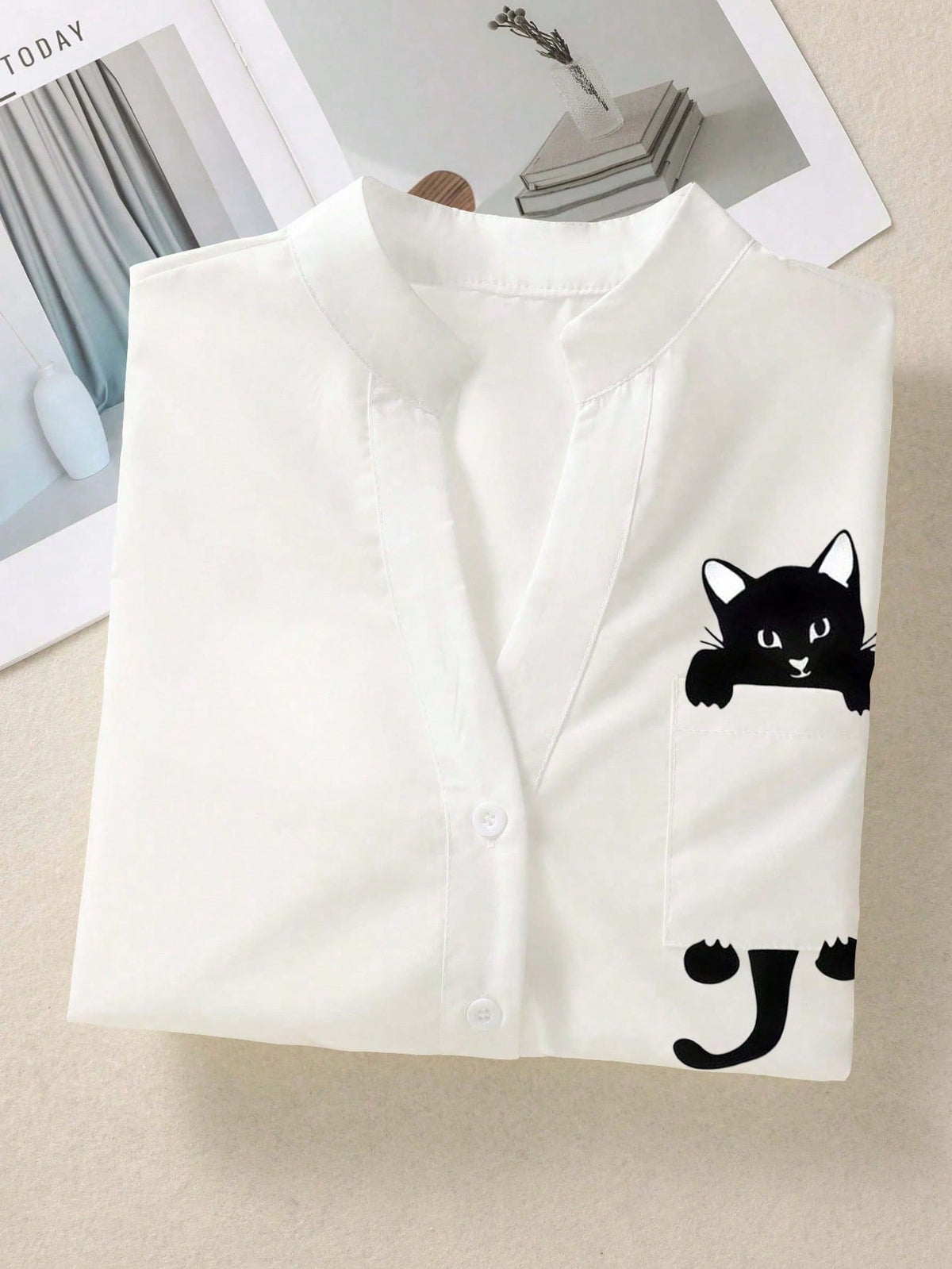 Women's Fun Cat Print V Neck Shirt, Button Front Long Sleeve Faux Pocket Top, For Office, Casual, Daily, Home, Outfits White