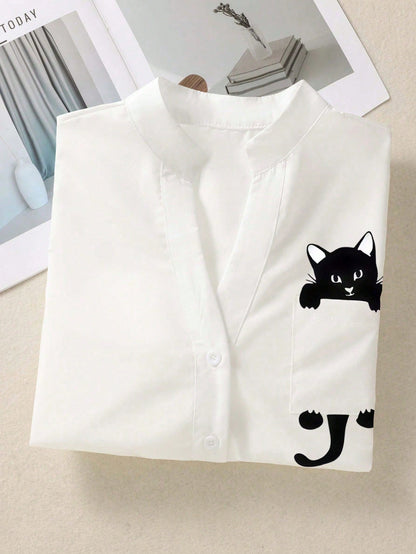 Women's Fun Cat Print V Neck Shirt, Button Front Long Sleeve Faux Pocket Top, For Office, Casual, Daily, Home, Outfits White