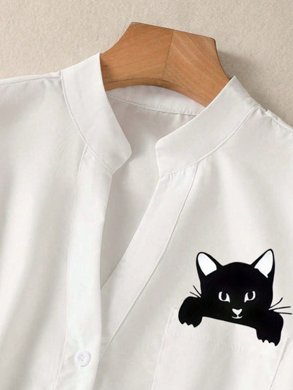 Women's Fun Cat Print V Neck Shirt, Button Front Long Sleeve Faux Pocket Top, For Office, Casual, Daily, Home, Outfits White