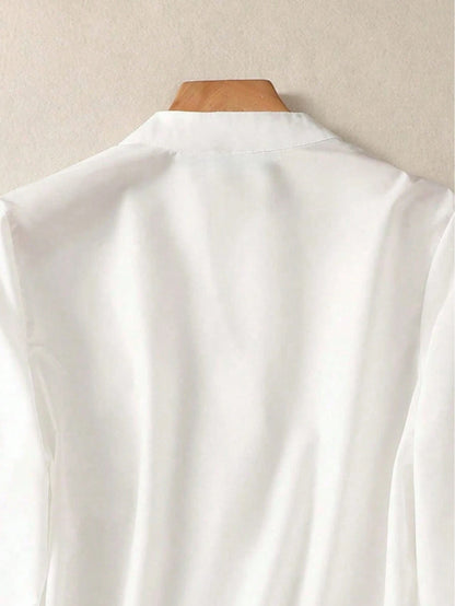 Women's Fun Cat Print V Neck Shirt, Button Front Long Sleeve Faux Pocket Top, For Office, Casual, Daily, Home, Outfits White