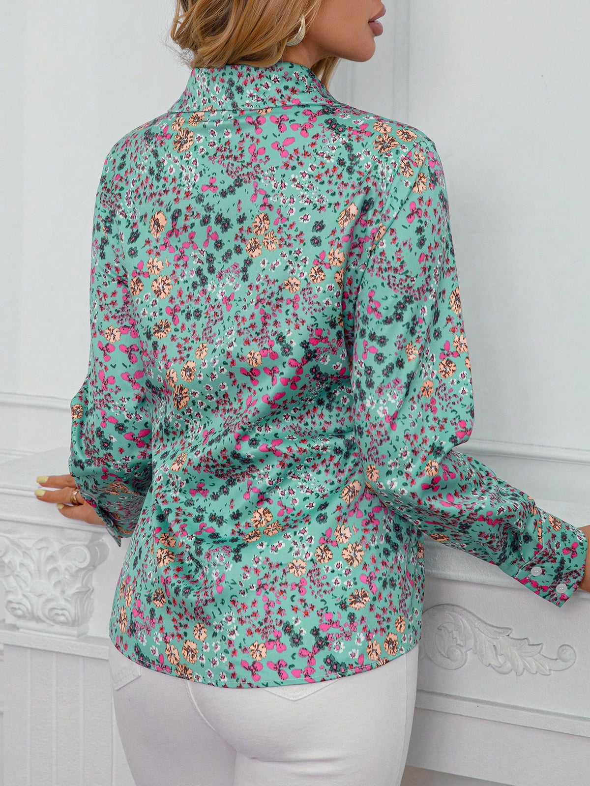 Women's Green Floral Satin Button-Up Shirt, Elegant Loose Long Sleeve Blouse, Floral Print Casual Top Suitable For Work, Weekend And Daily Wear Vacation
