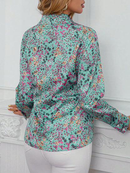 Women's Green Floral Satin Button-Up Shirt, Elegant Loose Long Sleeve Blouse, Floral Print Casual Top Suitable For Work, Weekend And Daily Wear Vacation