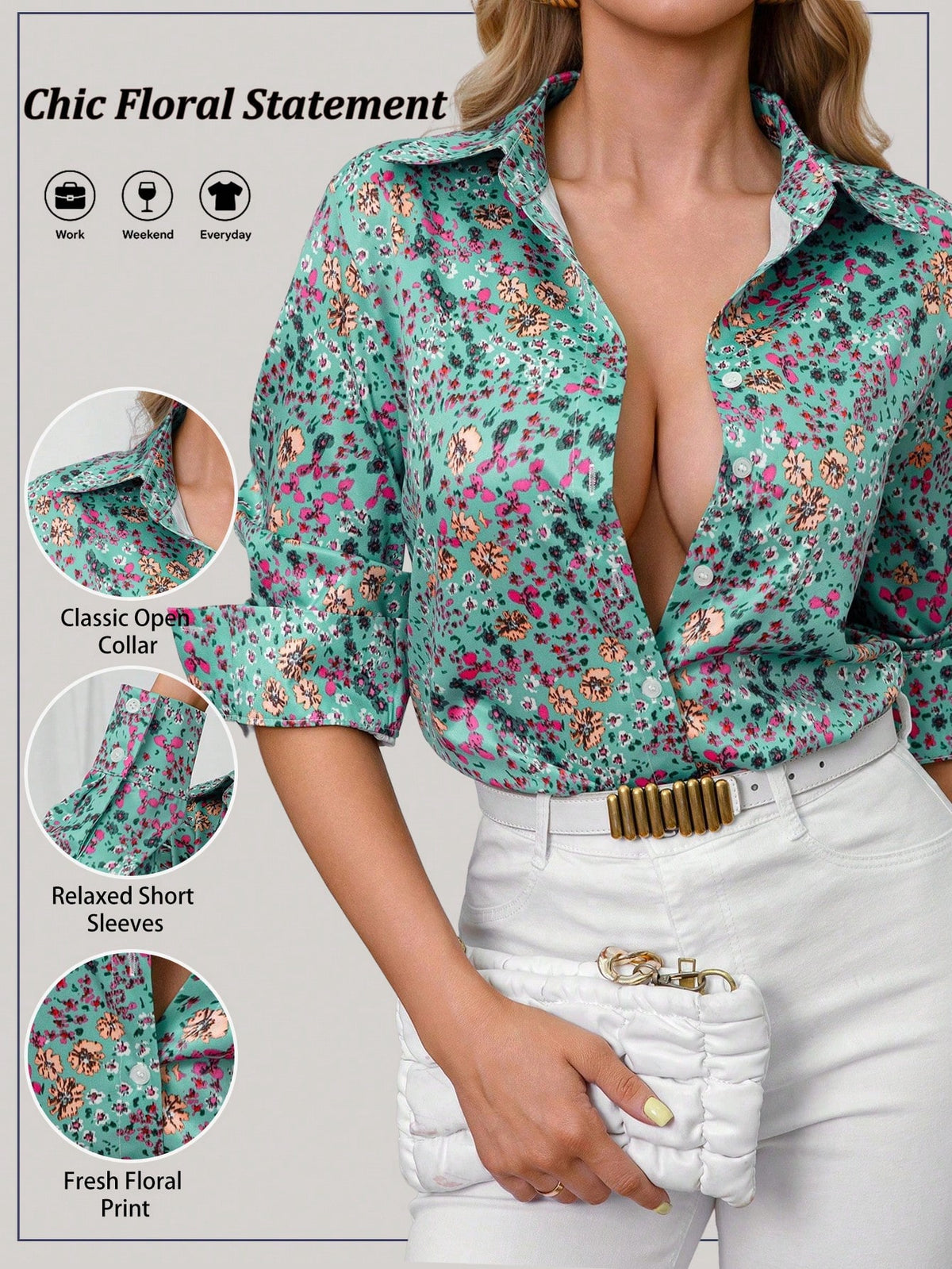 Women's Green Floral Satin Button-Up Shirt, Elegant Loose Long Sleeve Blouse, Floral Print Casual Top Suitable For Work, Weekend And Daily Wear Vacation