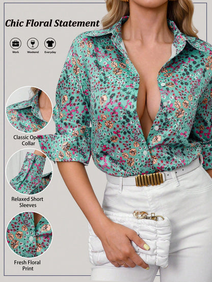 Women's Green Floral Satin Button-Up Shirt, Elegant Loose Long Sleeve Blouse, Floral Print Casual Top Suitable For Work, Weekend And Daily Wear Vacation