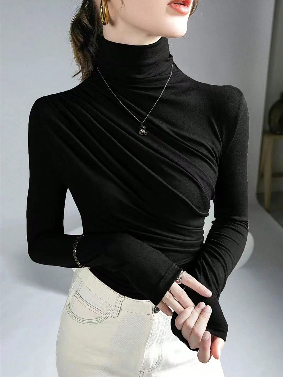 Women's Half Turtleneck Long Sleeve Pleated T-Shirt Fall Cloth For Women