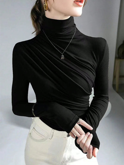 Women's Half Turtleneck Long Sleeve Pleated T-Shirt Fall Cloth For Women