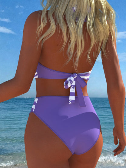 Women's Halter Bikini Set, Anchor Print & Striped Details, Sexy Swimsuit, Suitable For Beach, Holiday, Summer Vacation, Travel, New Arrival