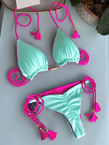 Women's Halter Tie Sexy Backless High-End Bikini 2025 New Braided Separate Swimwear Set Vacation Beach Summer