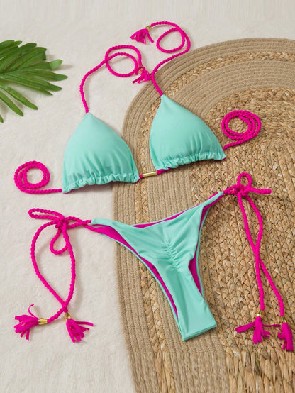 Women's Halter Tie Sexy Backless High-End Bikini 2025 New Braided Separate Swimwear Set Vacation Beach Summer