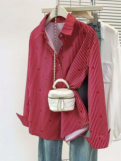 Women's Heart Print Shirt Collar Striped Blouse, Casual Button Long Sleeve Vacation Top, Daily, Spring Summer Fall Winter, Women's Office Work Shirt