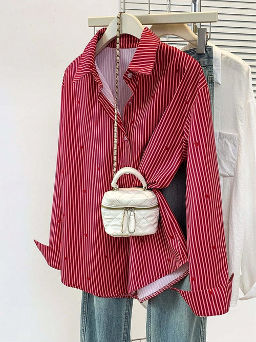Women's Heart Print Shirt Collar Striped Blouse, Casual Button Long Sleeve Vacation Top, Daily, Spring Summer Fall Winter, Women's Office Work Shirt