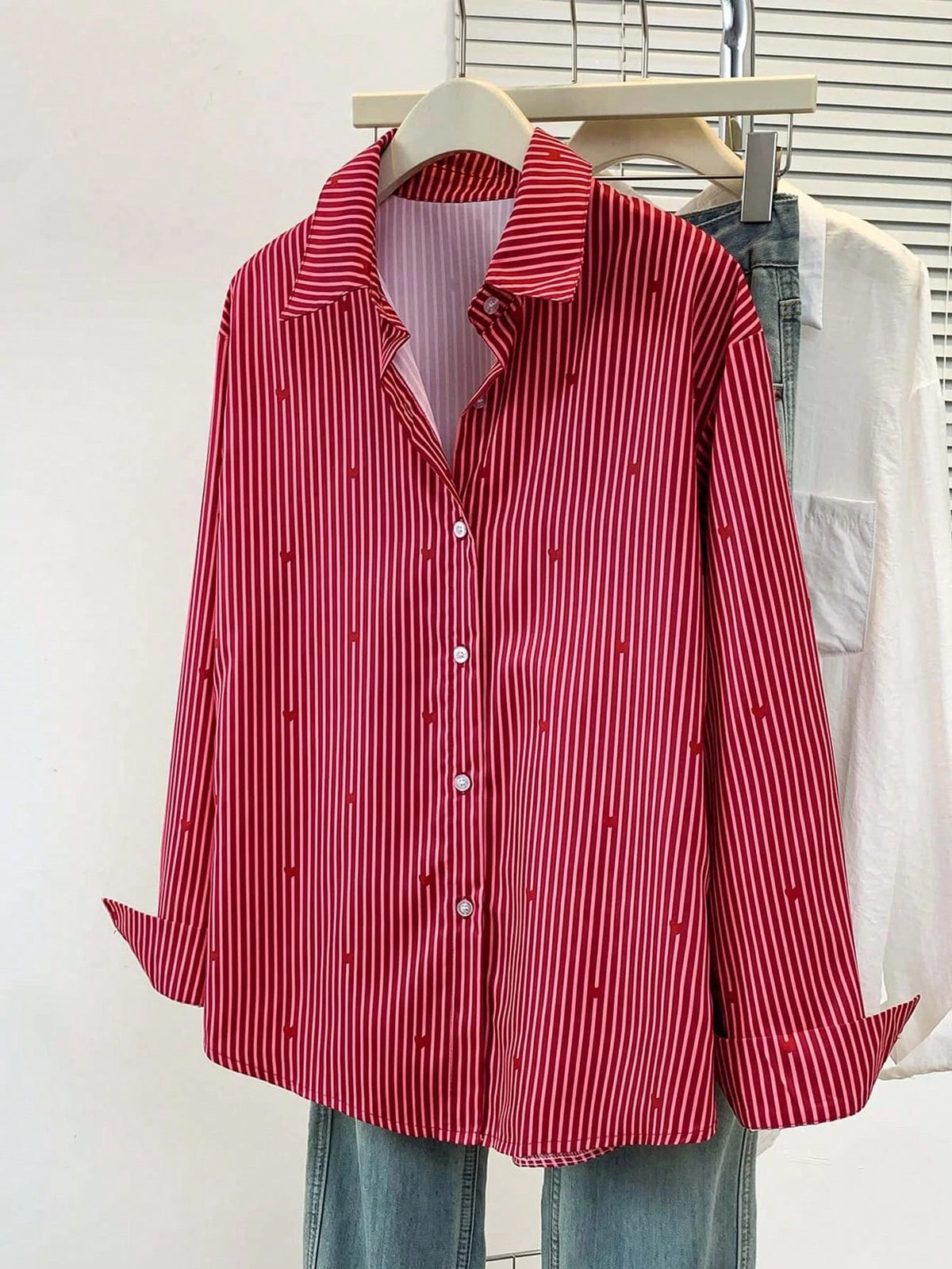 Women's Heart Print Shirt Collar Striped Blouse, Casual Button Long Sleeve Vacation Top, Daily, Spring Summer Fall Winter, Women's Office Work Shirt