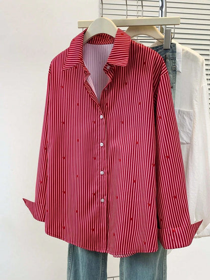 Women's Heart Print Shirt Collar Striped Blouse, Casual Button Long Sleeve Vacation Top, Daily, Spring Summer Fall Winter, Women's Office Work Shirt