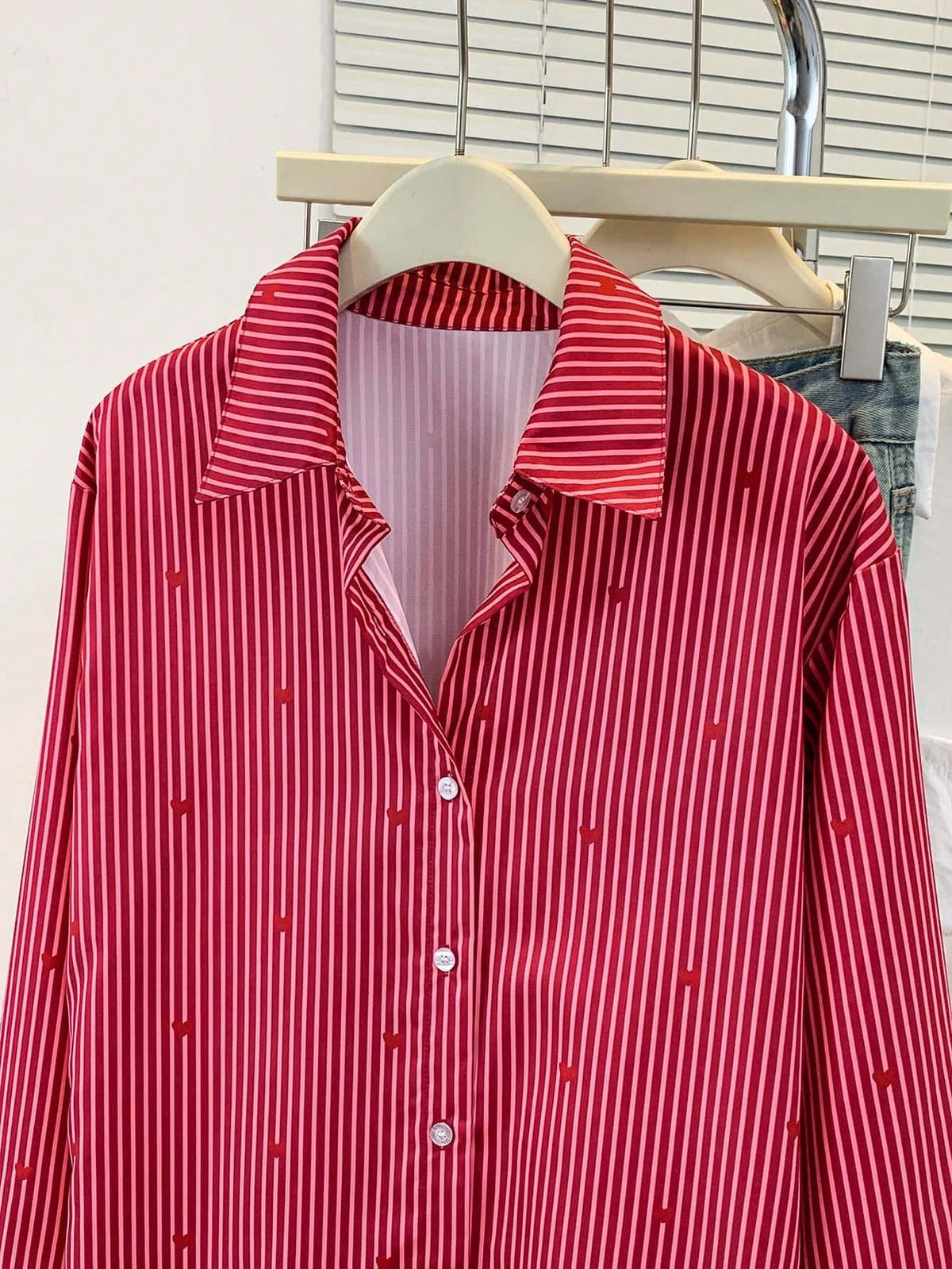 Women's Heart Print Shirt Collar Striped Blouse, Casual Button Long Sleeve Vacation Top, Daily, Spring Summer Fall Winter, Women's Office Work Shirt