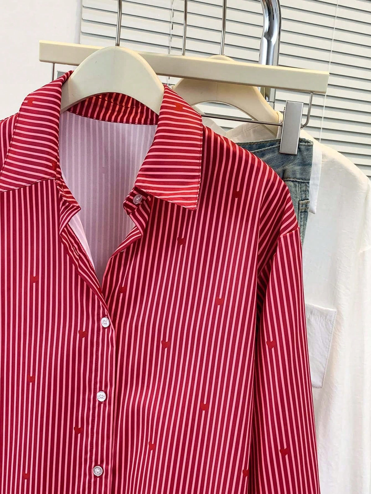 Women's Heart Print Shirt Collar Striped Blouse, Casual Button Long Sleeve Vacation Top, Daily, Spring Summer Fall Winter, Women's Office Work Shirt