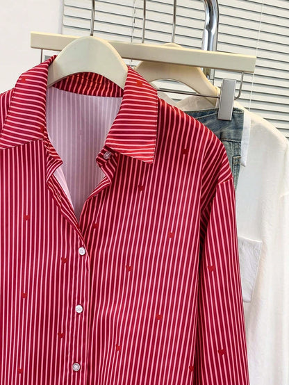 Women's Heart Print Shirt Collar Striped Blouse, Casual Button Long Sleeve Vacation Top, Daily, Spring Summer Fall Winter, Women's Office Work Shirt