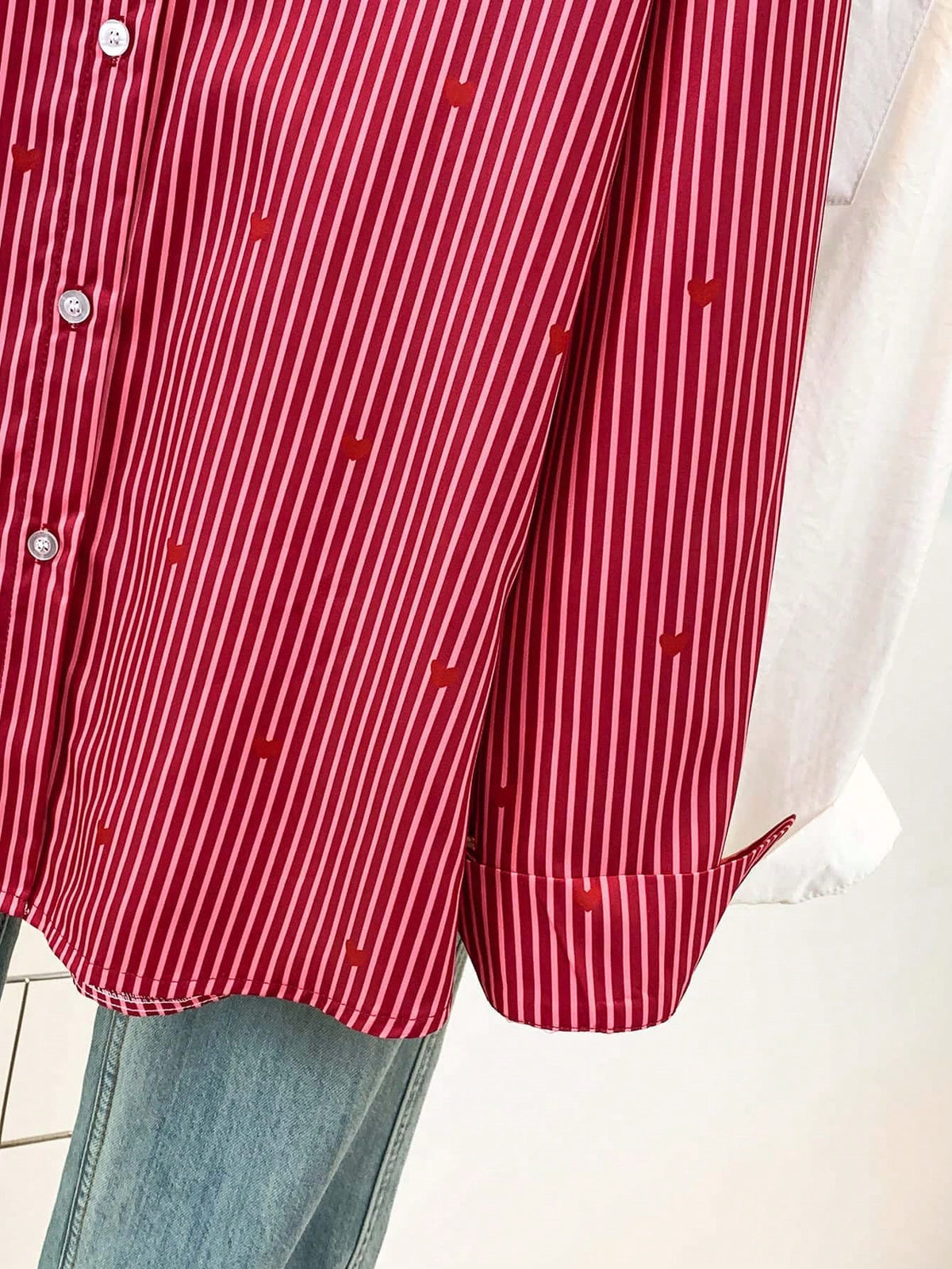 Women's Heart Print Shirt Collar Striped Blouse, Casual Button Long Sleeve Vacation Top, Daily, Spring Summer Fall Winter, Women's Office Work Shirt