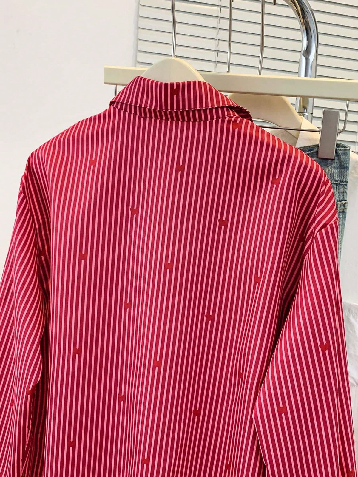 Women's Heart Print Shirt Collar Striped Blouse, Casual Button Long Sleeve Vacation Top, Daily, Spring Summer Fall Winter, Women's Office Work Shirt