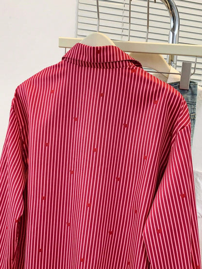 Women's Heart Print Shirt Collar Striped Blouse, Casual Button Long Sleeve Vacation Top, Daily, Spring Summer Fall Winter, Women's Office Work Shirt
