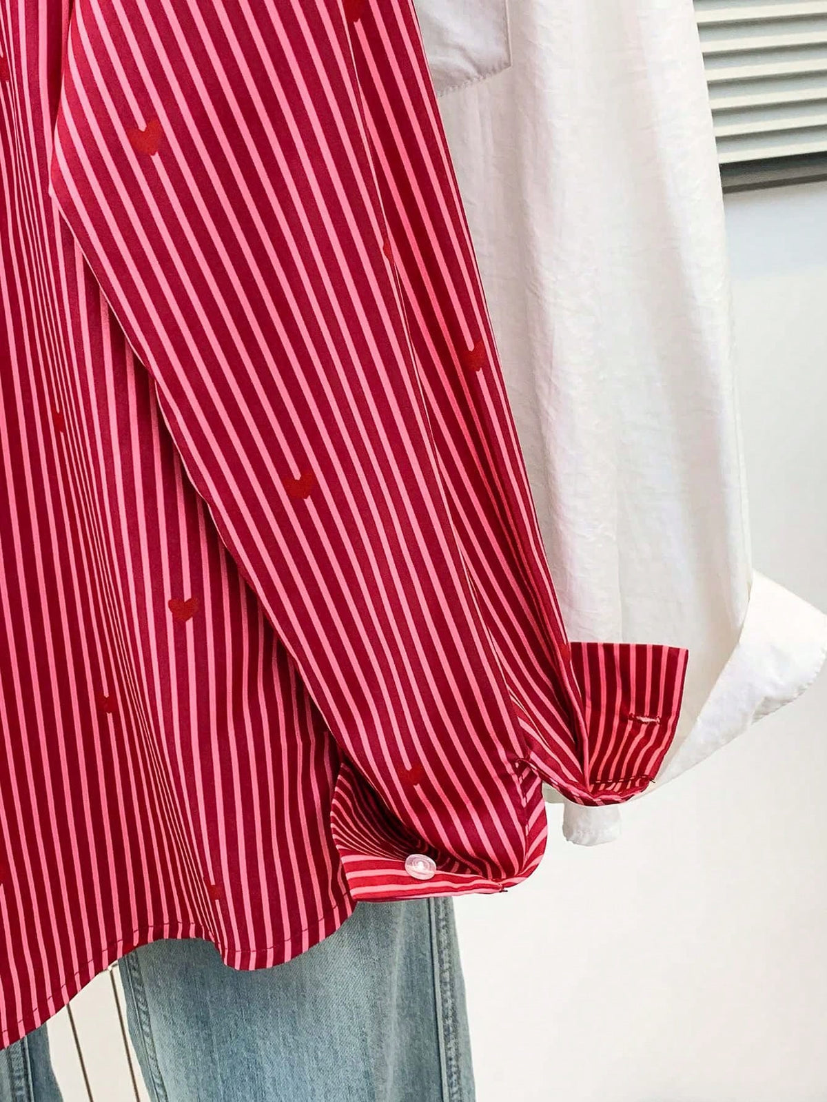 Women's Heart Print Shirt Collar Striped Blouse, Casual Button Long Sleeve Vacation Top, Daily, Spring Summer Fall Winter, Women's Office Work Shirt