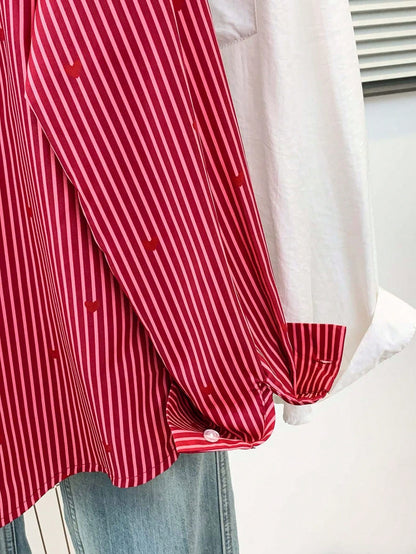 Women's Heart Print Shirt Collar Striped Blouse, Casual Button Long Sleeve Vacation Top, Daily, Spring Summer Fall Winter, Women's Office Work Shirt