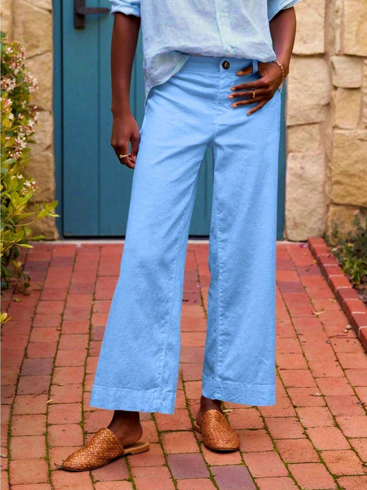 Women's High Waist Button Waist Solid Color Nine-Point Slightly Stretched Loose Wide Leg Women's Pants