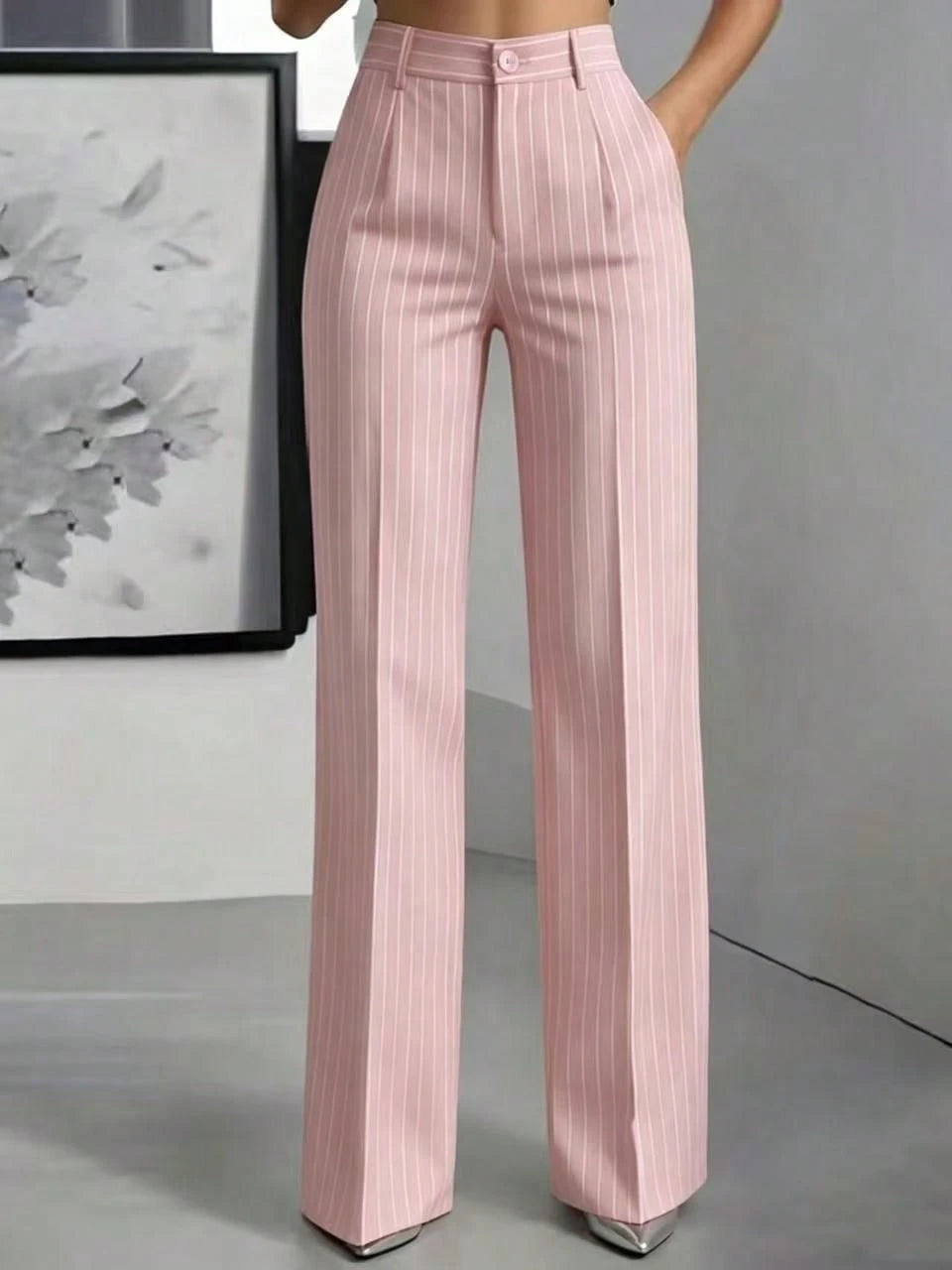 Women's High Waist Pinstripe Wide Leg Pants, Formal Office Style, Tailored Straight Leg Fit, Workwear & Evening Events, Red & White Stripe Pattern