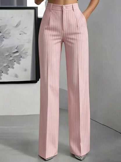 Women's High Waist Pinstripe Wide Leg Pants, Formal Office Style, Tailored Straight Leg Fit, Workwear & Evening Events, Red & White Stripe Pattern