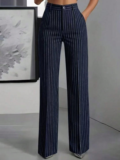 Women's High Waist Pinstripe Wide Leg Pants, Formal Office Style, Tailored Straight Leg Fit, Workwear & Evening Events, Red & White Stripe Pattern