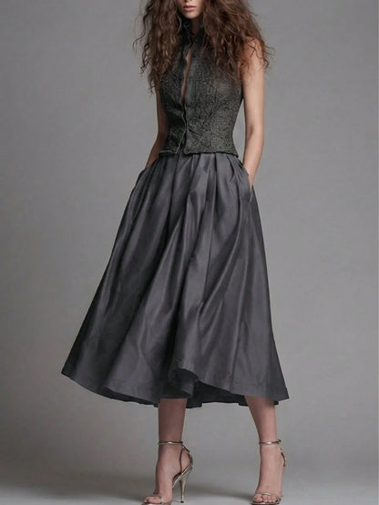 Women's High Waist Ruched Wrap Midi Skirt, Vintage Pleated Mid-Length Skirt With Pockets, Cocktail Dress Skirt, Pleated Skirt, Suitable For Autumn Outfits And Travel