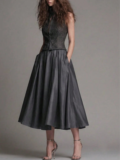 Women's High Waist Ruched Wrap Midi Skirt, Vintage Pleated Mid-Length Skirt With Pockets, Cocktail Dress Skirt, Pleated Skirt, Suitable For Autumn Outfits And Travel
