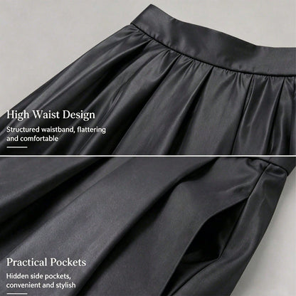 Women's High Waist Ruched Wrap Midi Skirt, Vintage Pleated Mid-Length Skirt With Pockets, Cocktail Dress Skirt, Pleated Skirt, Suitable For Autumn Outfits And Travel