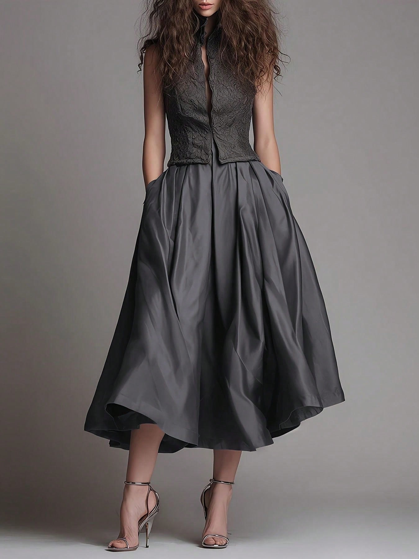 Women's High Waist Ruched Wrap Midi Skirt, Vintage Pleated Mid-Length Skirt With Pockets, Cocktail Dress Skirt, Pleated Skirt, Suitable For Autumn Outfits And Travel