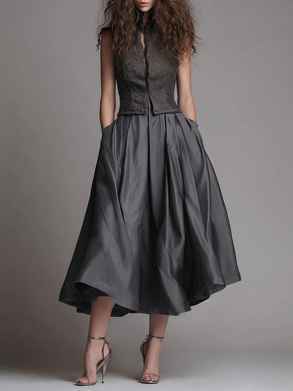 Women's High Waist Ruched Wrap Midi Skirt, Vintage Pleated Mid-Length Skirt With Pockets, Cocktail Dress Skirt, Pleated Skirt, Suitable For Autumn Outfits And Travel