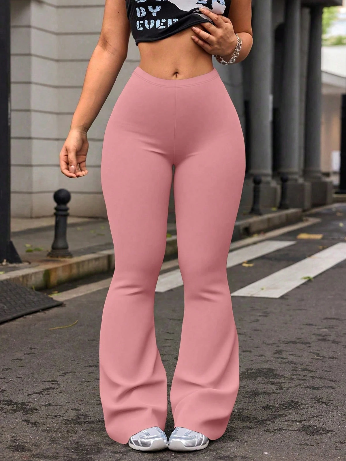 Women's High Waist Solid Color Flare Yoga Leggings, Workout Running Fitness Pants Black Spring